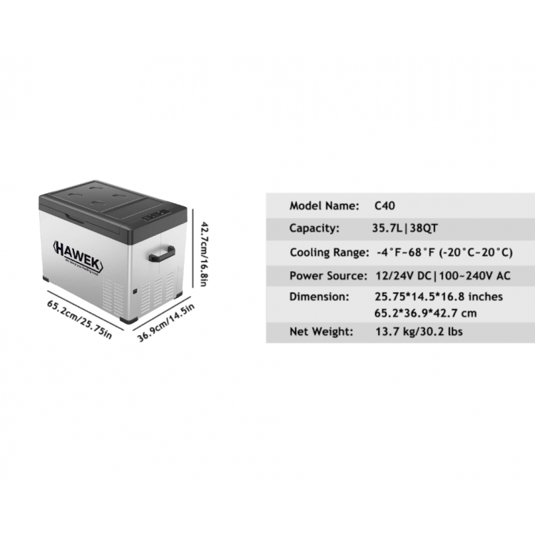 Портативен компресорен хладилник HAWEK 40L – 12V / 24V / 220V | Охлаждане и замразяване навсякъде , модел: С40
