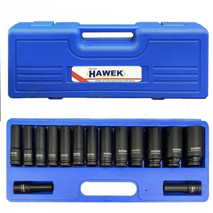 УДАРНИ ВЛОЖКИ 1/2″ УДЪЛЖЕНИ (10 – 32 ММ) 15 ЧАСТИ HAWEK УДАРНИ ВЛОЖКИ 1/2″ УДЪЛЖЕНИ (10 – 32 ММ) 15 ЧАСТИ HAWEK