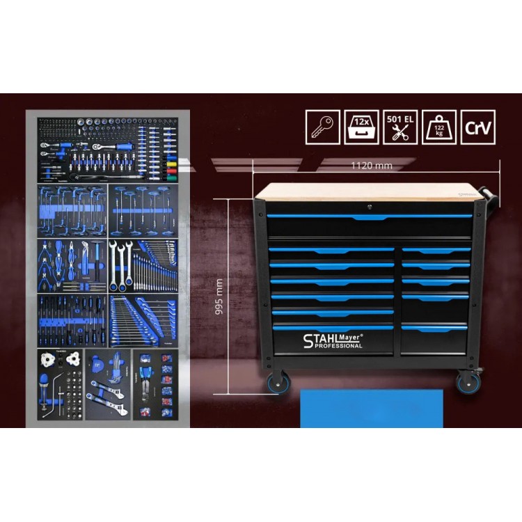 Количка с инструменти STAHLMAYER JUMBO XXL/ 501 части - Професионален шкаф с инструменти 12 чекмеджета Количка с инструменти STAHLMAYER JUMBO XXL/ 501 части - Професионален шкаф с инструменти 12 чекмеджета