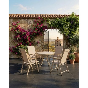 Градински комплект Ø80 см – кръгла маса + 4 сгъваеми стола | Бежов метален сет за тераса и двор