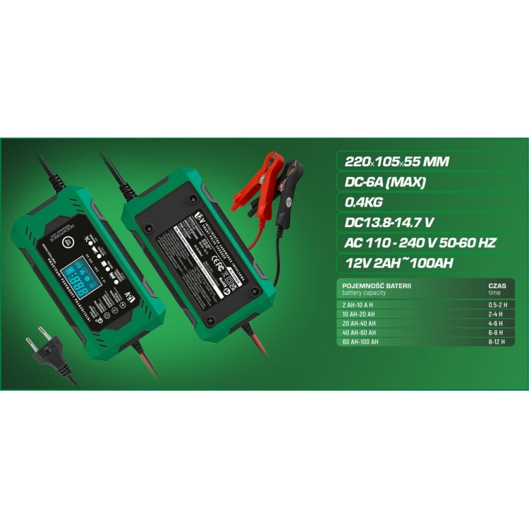 Зарядно устройство за акумулатор 6А , 12V , 2AH-100AH , ROCKFORCE Зарядно устройство за акумулатор 6А , 12V , 2AH-100AH , ROCKFORCE